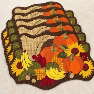 Harvest Set of 6 Cotton Placemats Pumpkin Sunflower Scalloped Thanksgiving